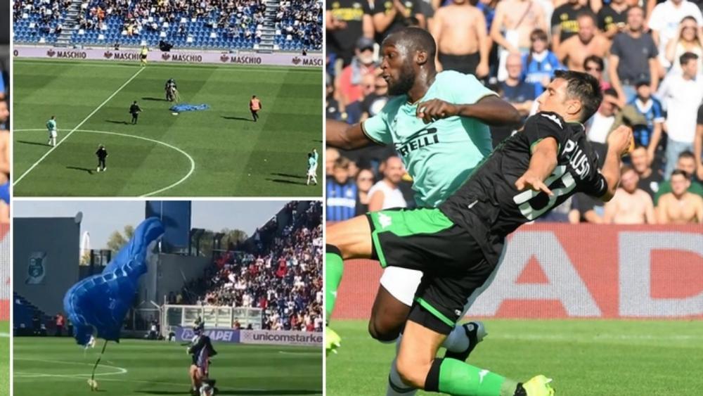 "مجهول" يقتحم ملعب مباراة ساسولو والإنتر عن طريق "مظلة الهبوط"!