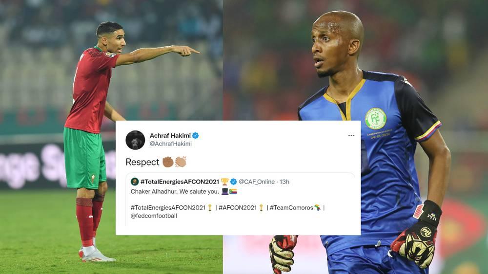 حساب "الكاف" على "تويتر" للهدهور: "شاكر نحن نحييك" وأشرف حكيمي يشارك التغريدة ويعلق: "احترام"