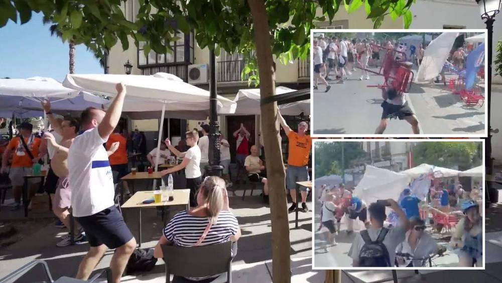 شوارع إشبيلية تتحول إلى ساحات "قتال شوارع" بين جماهير رينجرز وفرانكفورت قبل انطلاق نهائي الدوري الأوروبي