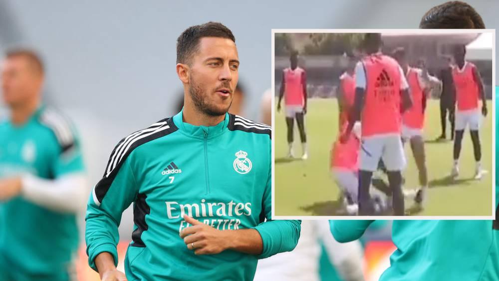 فيديو/ تدخل "متهور" من روديغير كاد يقضي على قدم هازارد في تدريبات ريال مدريد