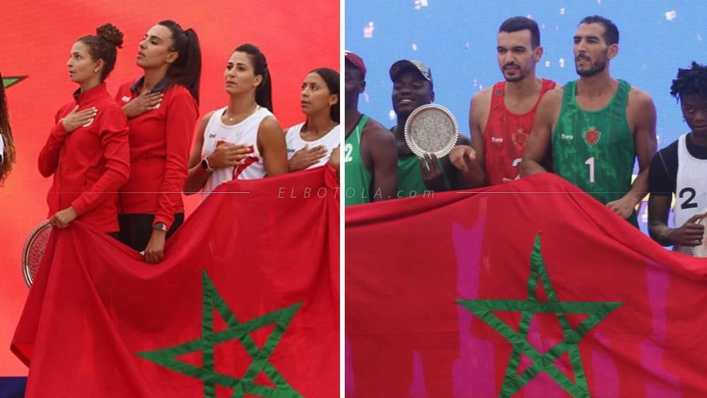 تتويج المنتخب المغربي بلقب البطولة الأفريقية للكرة الطائرة الشاطئية بأكادير في فئتي السيدات والرجال