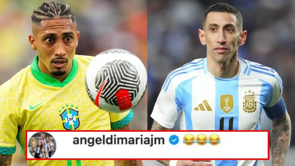 برموز ضاحكة.. دي ماريا يسخر من تصريحات رافينيا قبل مواجهة الأرجنتين والبرازيل!