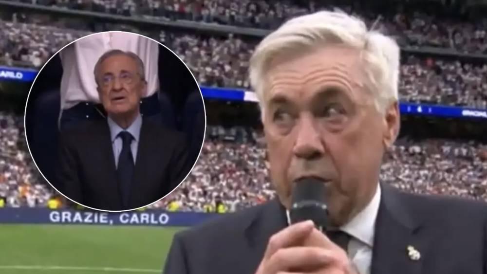 أنشيلوتي يُلقي خطابه الوداعي في "سانتياغو بيرنابيو" وفلورنتينو بيريز يُذرف الدموع