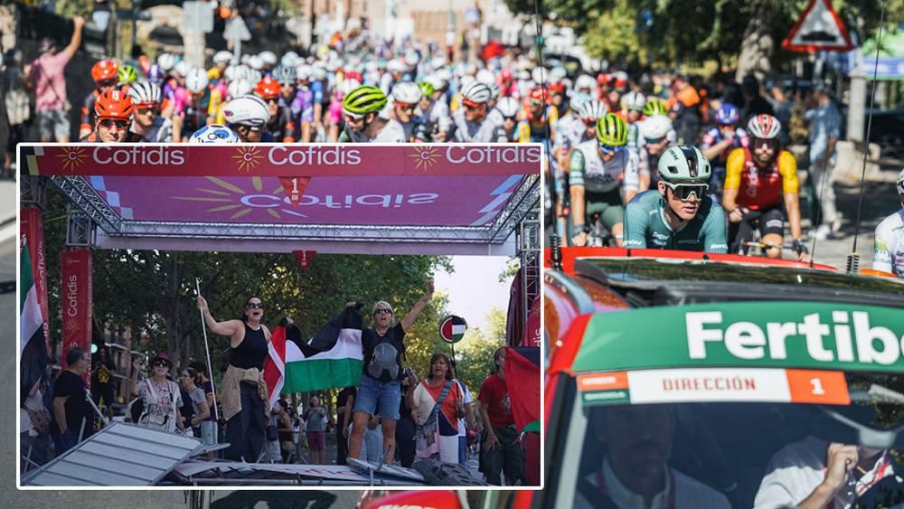 إلغاء سباق "لا فويلتا" والمتظاهرون المعارضون لمشاركة فريق صهيوني يهتفُون: "هذا الطواف فاز به فلسطين"!