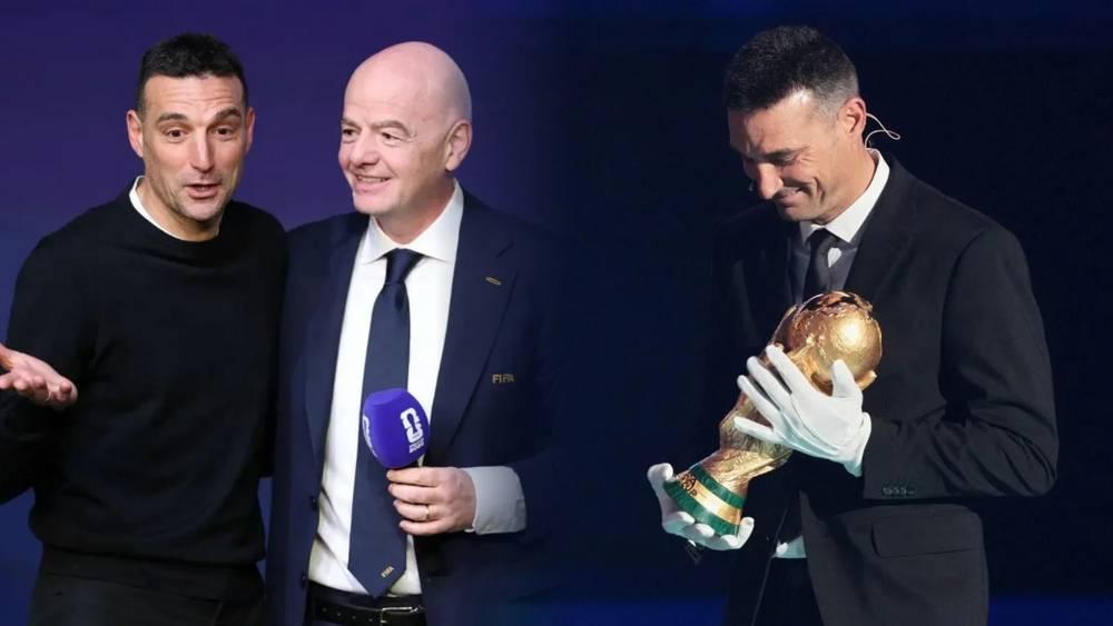 رئيس "الفيفا" يعتذر لسكالوني "بطل العالم" بعد "إجباره" على ارتداء قفازات لرفع كأس العالم!
