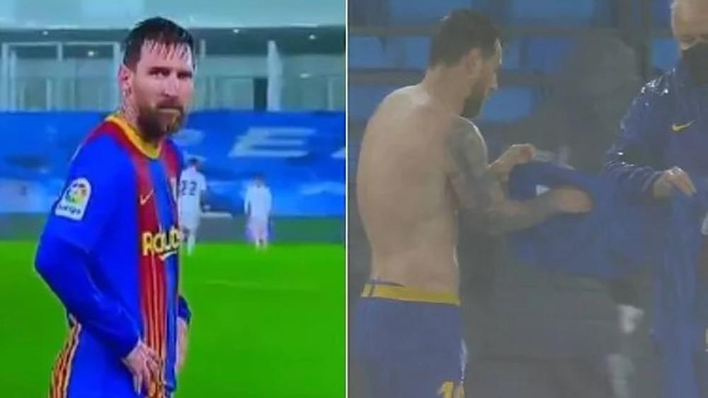 الإعلام الإسباني يتحدث عن "لقطة الكلاسيكو".. ميسي يرتجف بردًا بسبب قميصه المبلّل ويُغيّره أثناء المباراة!