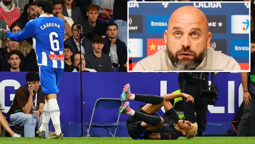 مدرب إسبانيول عن طرد كابريرا: "برشلونة بارع في التمثيل منذ سنوات.. بمجرد أن تنفخ عليهم يسقطون بسرعة"!