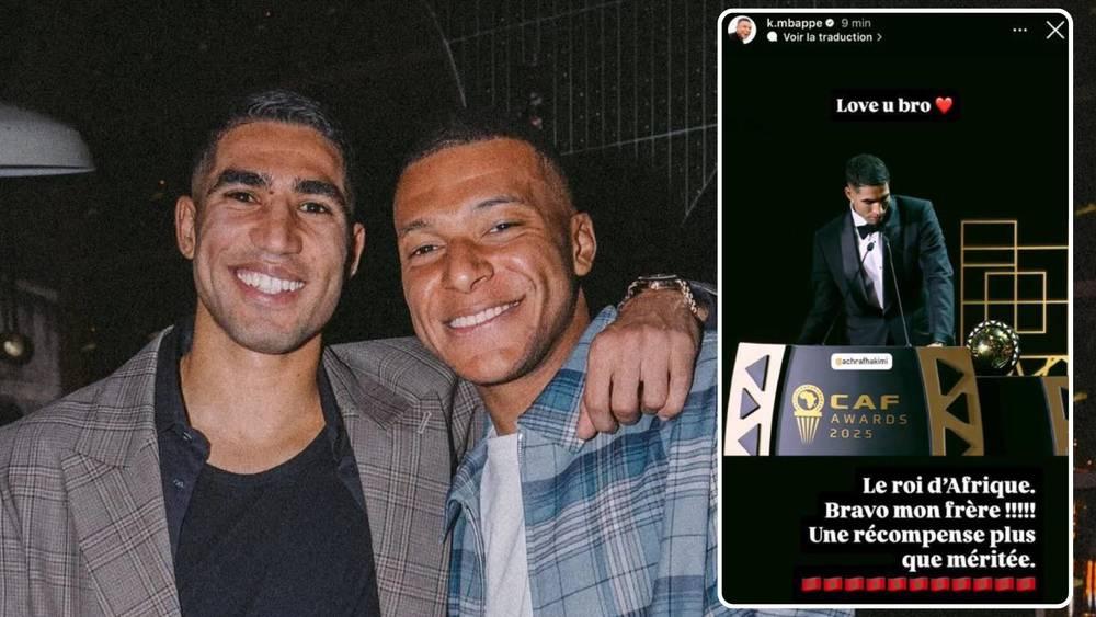 مبابي يهنئ صديقه حكيمي: "أحبك أخي أنت ملك أفريقيا"